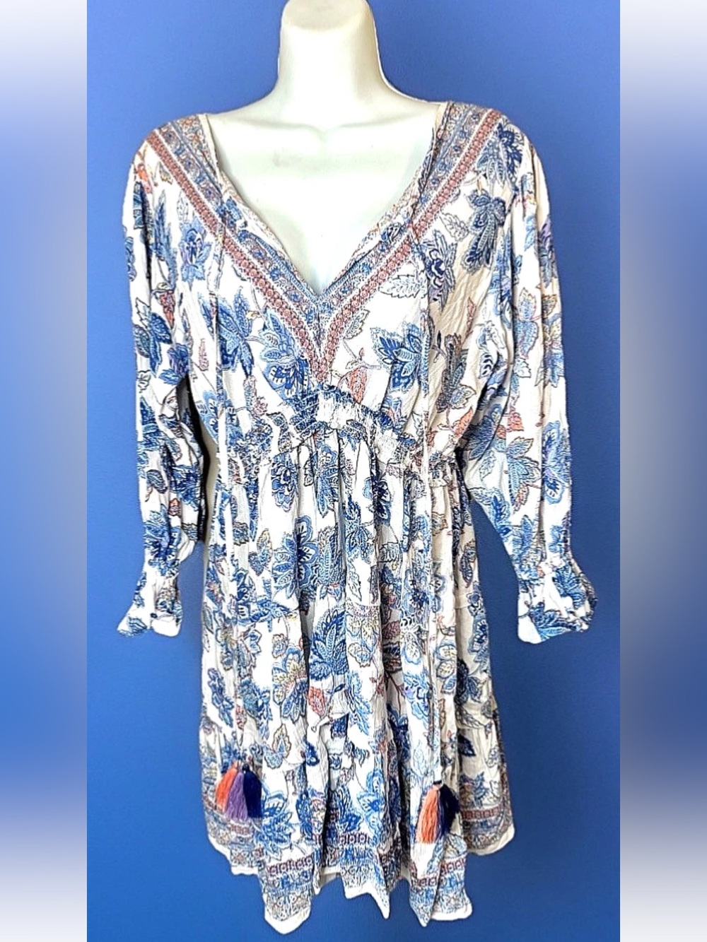 💙ANGIE💙 FLORAL EMPIRE ELASTIC WAIST TASSEL TIE STRING V-NECK 3/4 SLEEVE DRESS